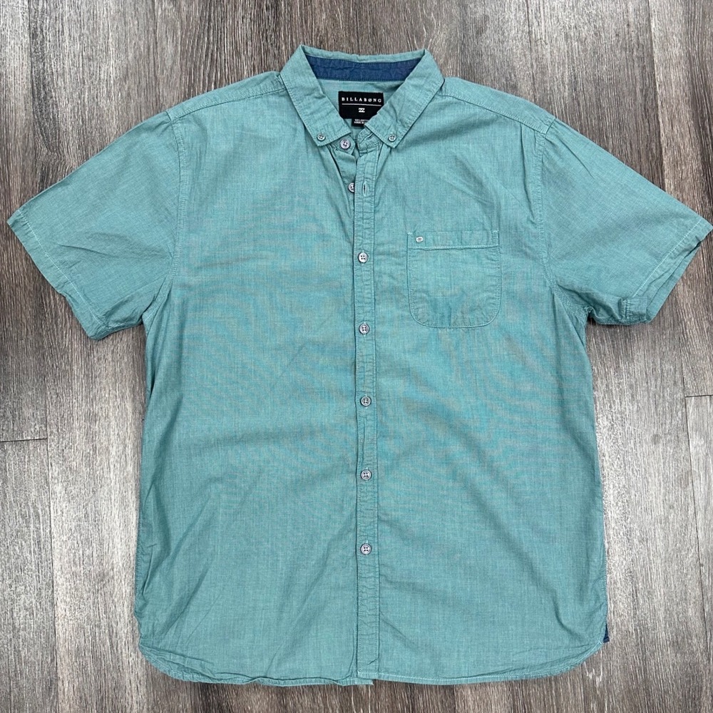 Billabong Mens Short Sleeve Button Down Shirt Teal Solid Casual Size L Beach